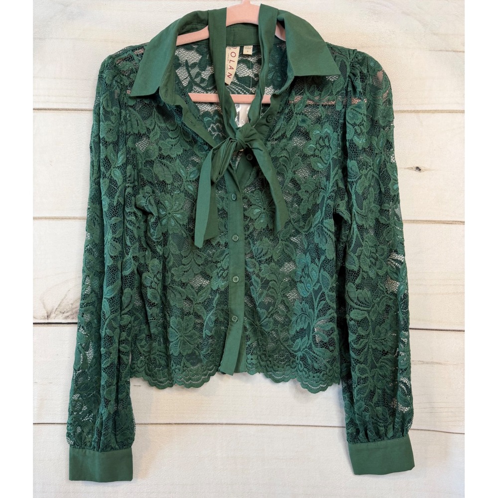 Dolan Left Coast Collection Green Floral Lace Tie Neck Blouse Top Small NWT
